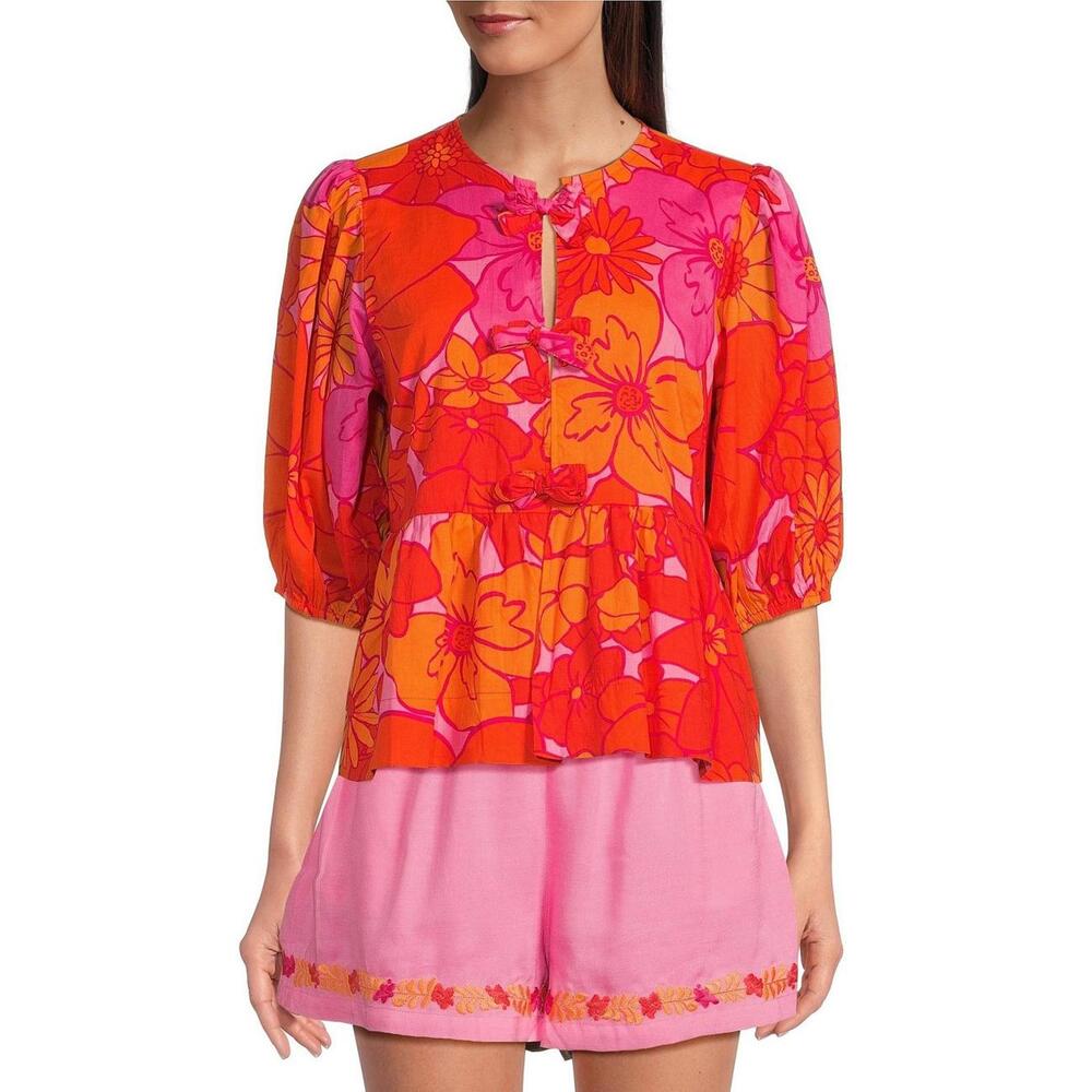 J.Marie Lizzie Round Neck 3/4 Puff Sleeve Tie Front Peplum Top  Size: XS